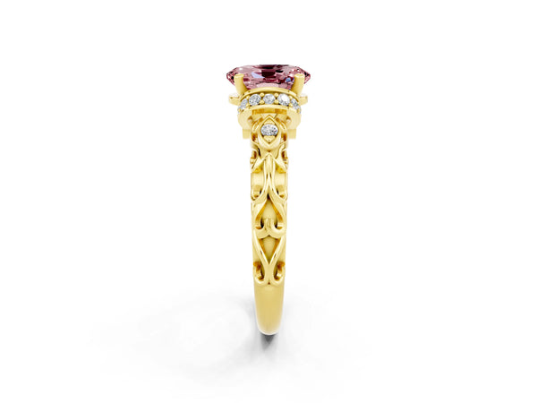 Yellow gold Oval Cut Morganite Solitaire Ring with Filigree Band and Four-Prong Setting