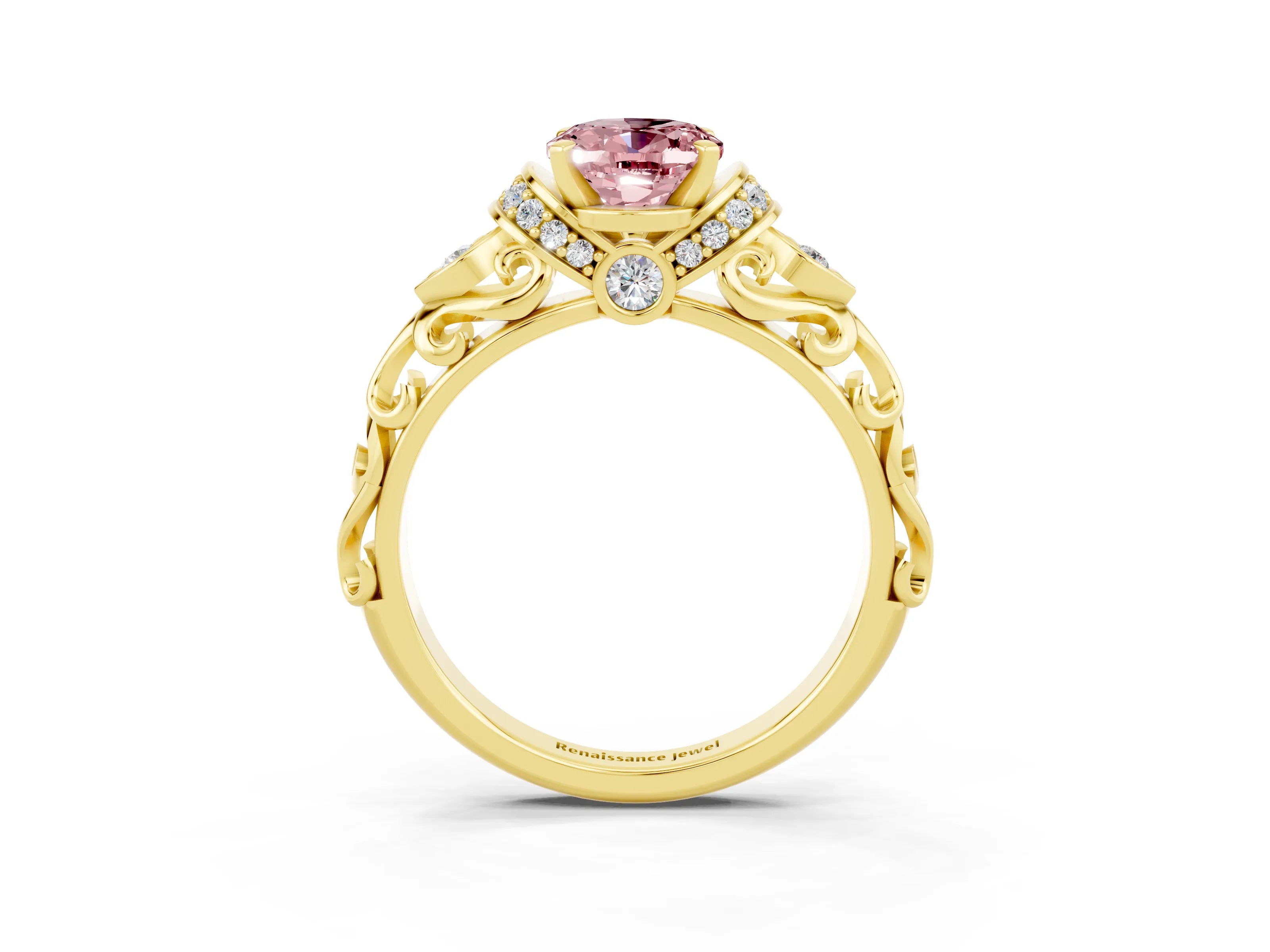 Yellow gold Oval Cut Morganite Solitaire Ring with Filigree Band and Four-Prong Setting_27