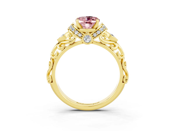 Yellow gold Oval Cut Morganite Solitaire Ring with Filigree Band and Four-Prong Setting