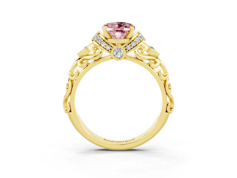 Yellow gold Oval Cut Morganite Solitaire Ring with Filigree Band and Four-Prong Setting_27