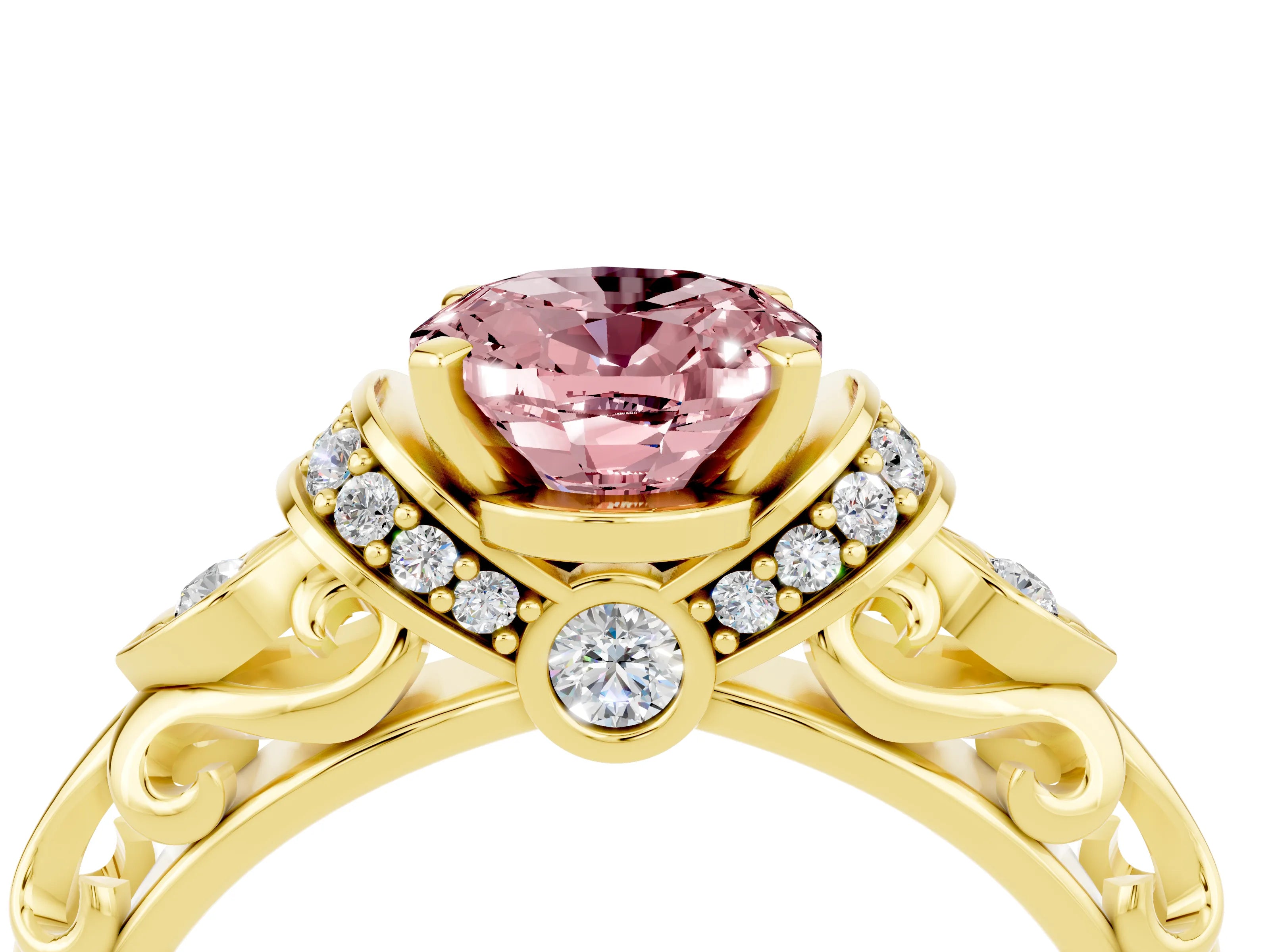 Yellow gold Oval Cut Morganite Solitaire Ring with Filigree Band and Four-Prong Setting_28