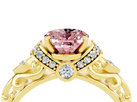 Yellow gold Oval Cut Morganite Solitaire Ring with Filigree Band and Four-Prong Setting_28