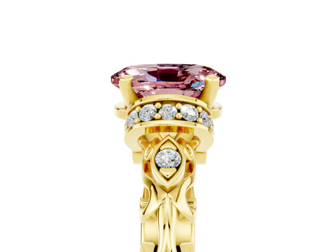 Yellow gold Oval Cut Morganite Solitaire Ring with Filigree Band and Four-Prong Setting_29