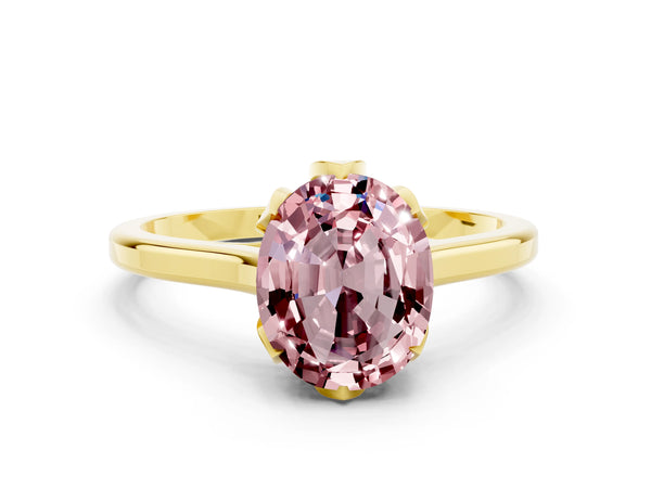 Yellow gold Oval Cut Morganite Solitaire Ring with Flower Prong Setting and Classic Band