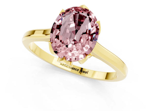 Yellow gold Oval Cut Morganite Solitaire Ring with Flower Prong Setting and Classic Band