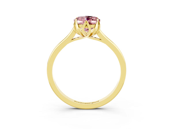 Yellow gold Oval Cut Morganite Solitaire Ring with Flower Prong Setting and Classic Band