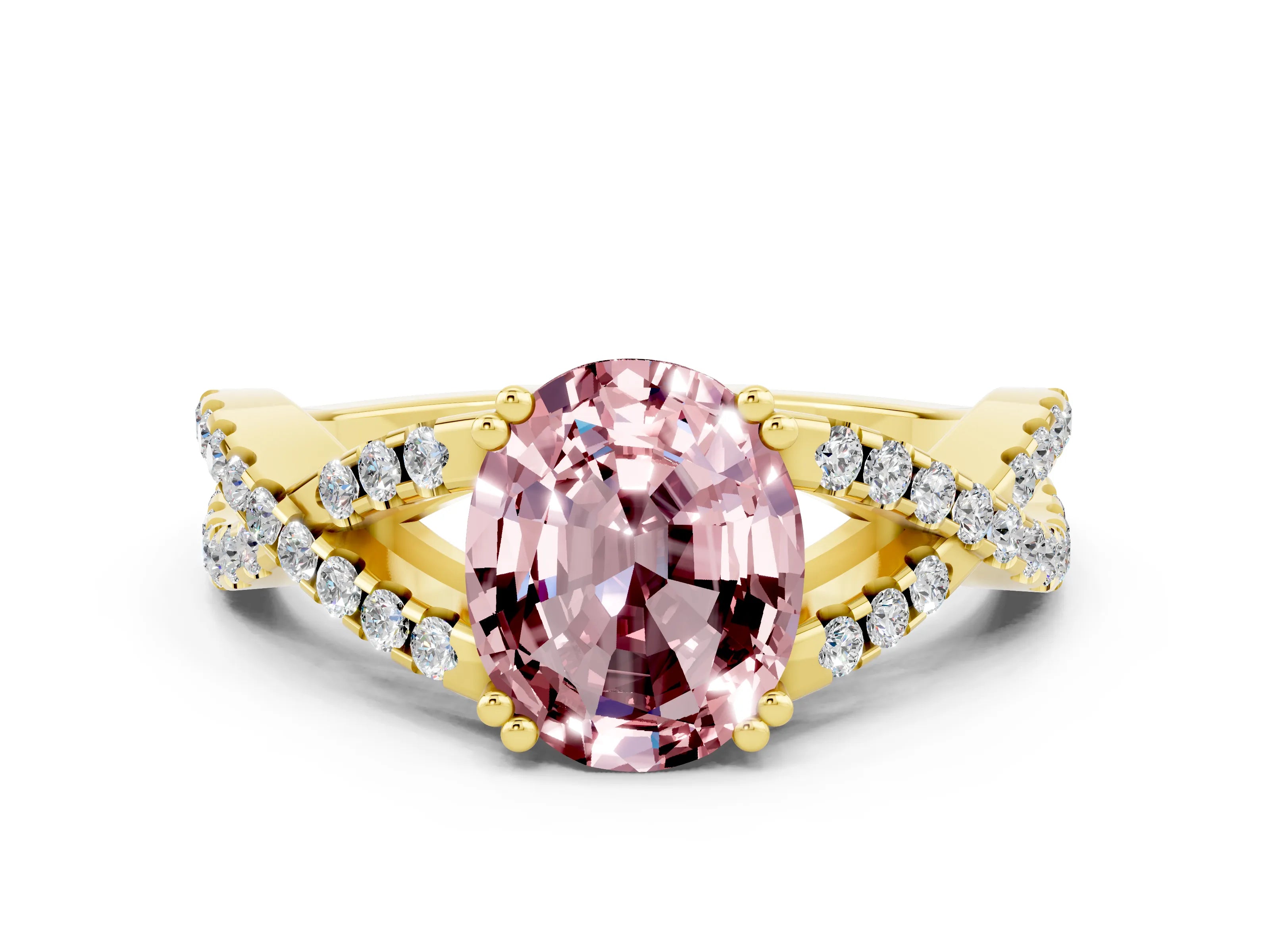 Yellow gold Oval Cut Morganite Solitaire Ring with Four-Prong Setting and Twisted Pavé Band
