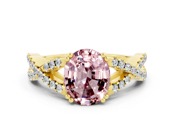 Yellow gold Oval Cut Morganite Solitaire Ring with Four-Prong Setting and Twisted Pavé Band