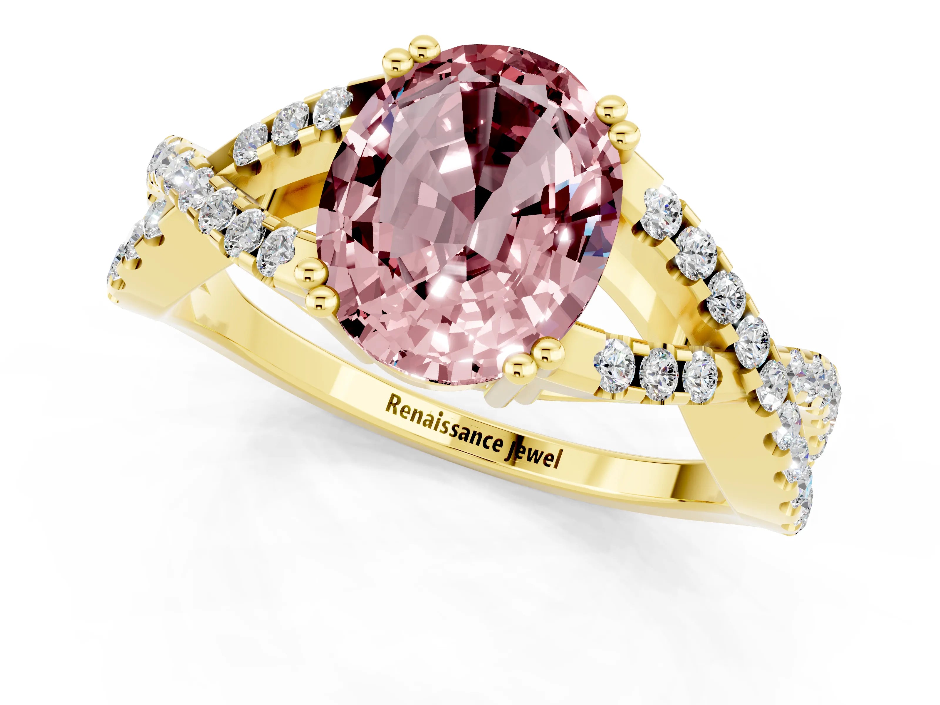 Yellow gold Oval Cut Morganite Solitaire Ring with Four-Prong Setting and Twisted Pavé Band_1