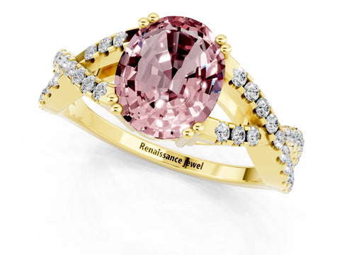 Yellow gold Oval Cut Morganite Solitaire Ring with Four-Prong Setting and Twisted Pavé Band_1