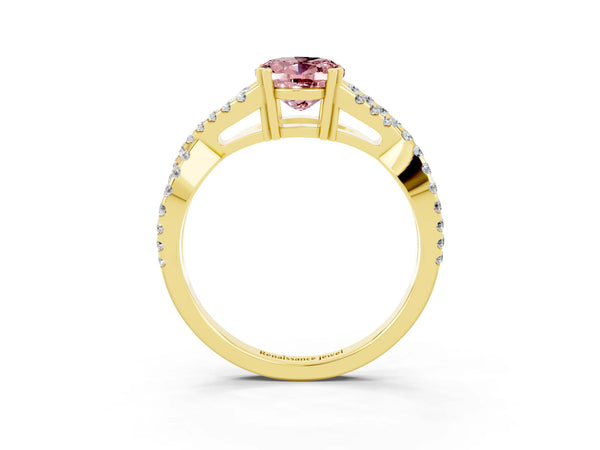 Yellow gold Oval Cut Morganite Solitaire Ring with Four-Prong Setting and Twisted Pavé Band
