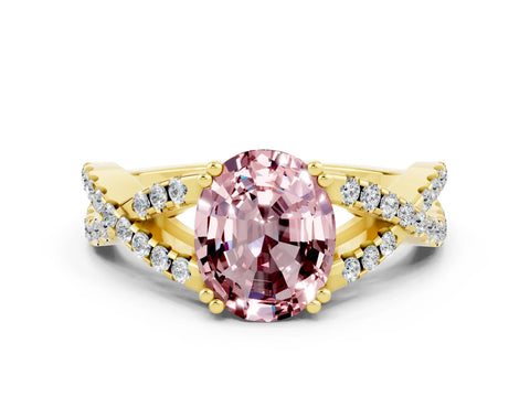 Yellow gold Oval Cut Morganite Solitaire Ring with Four-Prong Setting and Twisted Pavé Band