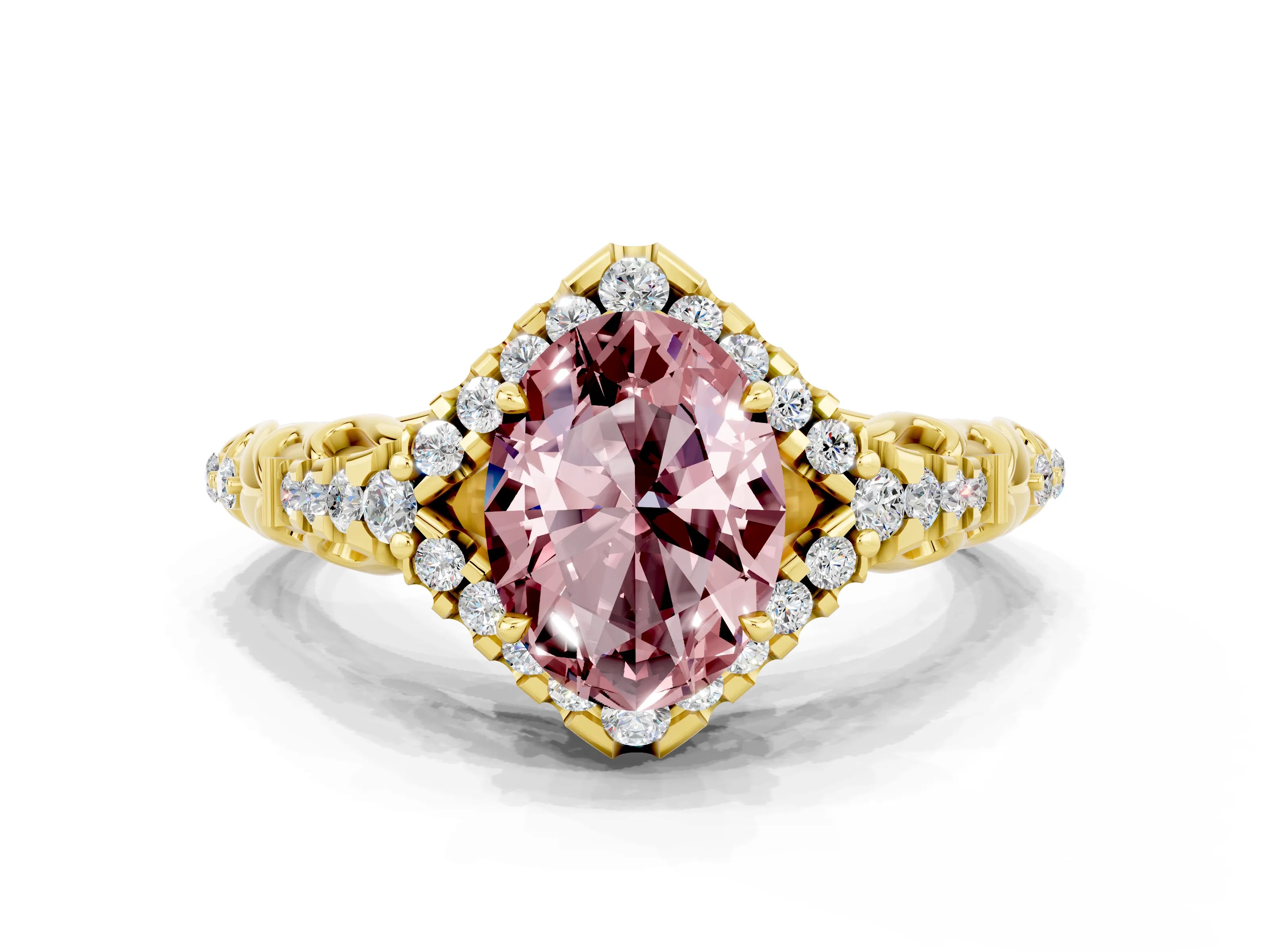 Yellow gold Oval Cut Morganite Solitaire Ring with Hidden Halo and Pavé Band_12
