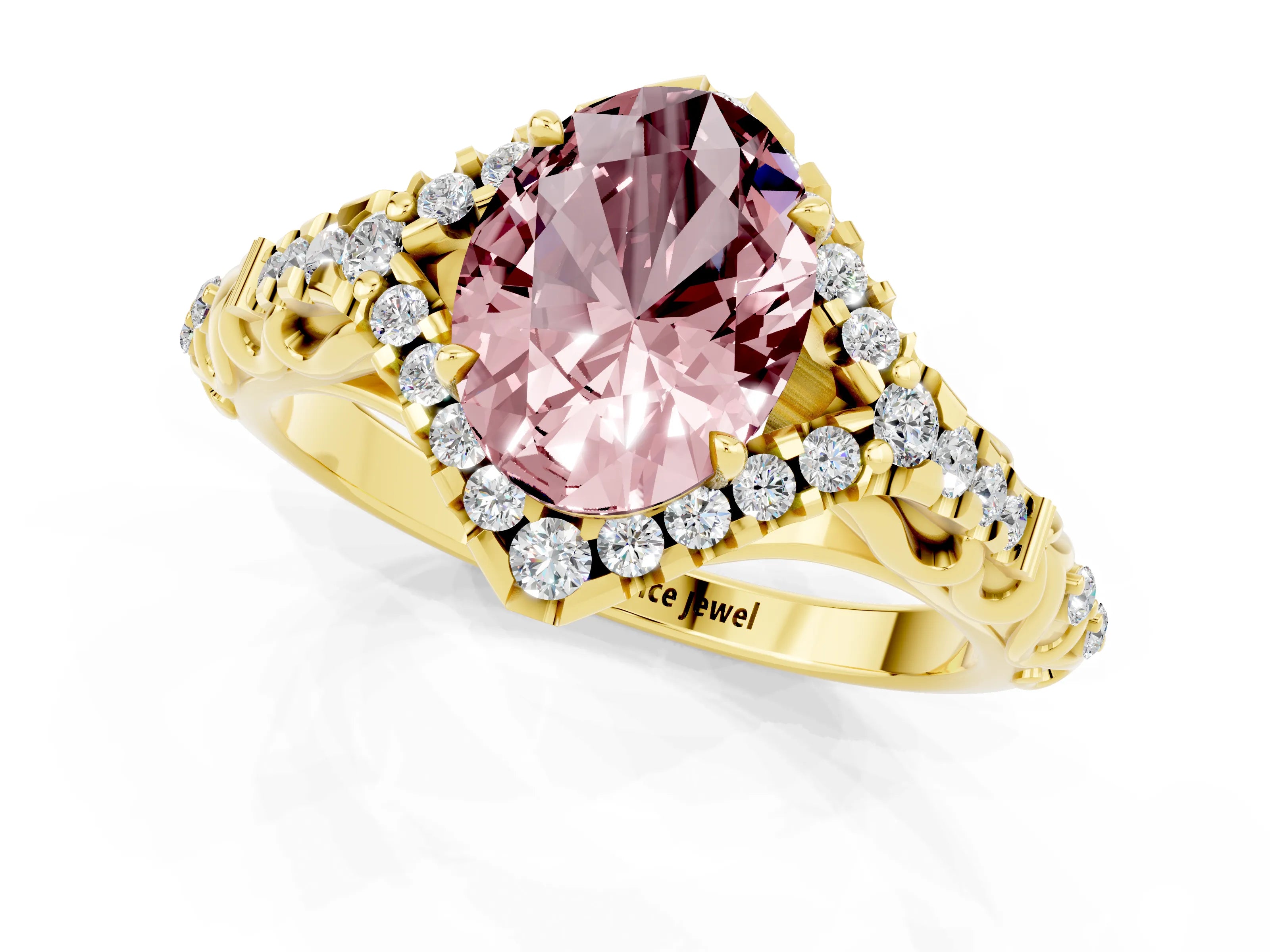 Yellow gold Oval Cut Morganite Solitaire Ring with Hidden Halo and Pavé Band_13