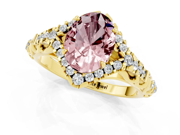Yellow gold Oval Cut Morganite Solitaire Ring with Hidden Halo and Pavé Band