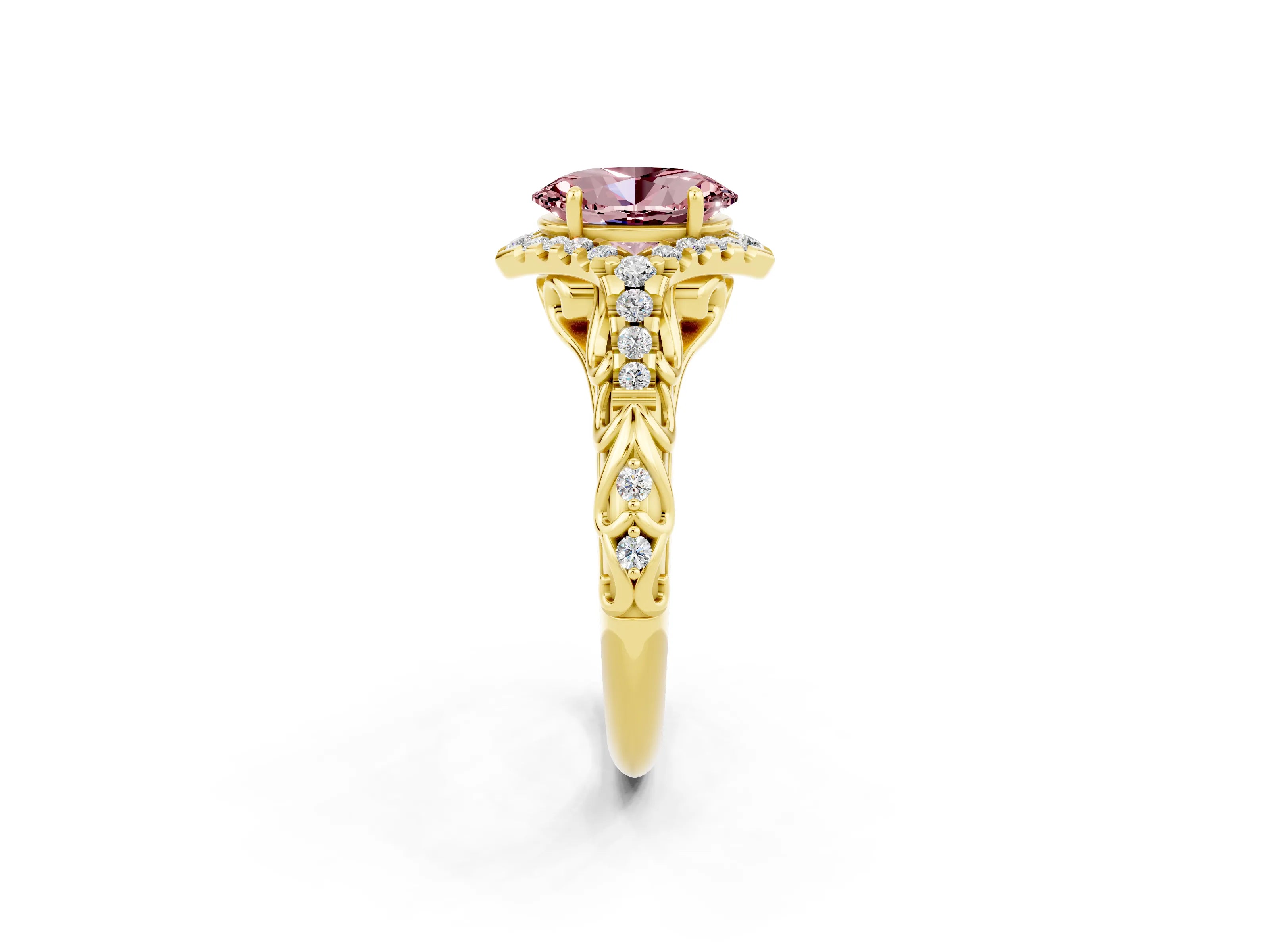 Yellow gold Oval Cut Morganite Solitaire Ring with Hidden Halo and Pavé Band_14