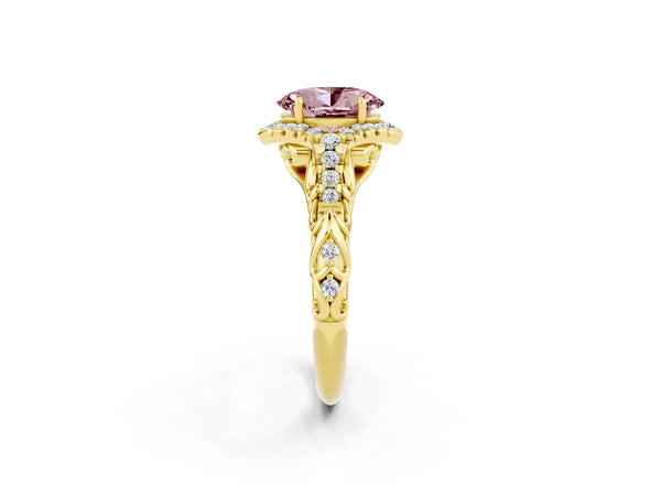 Yellow gold Oval Cut Morganite Solitaire Ring with Hidden Halo and Pavé Band