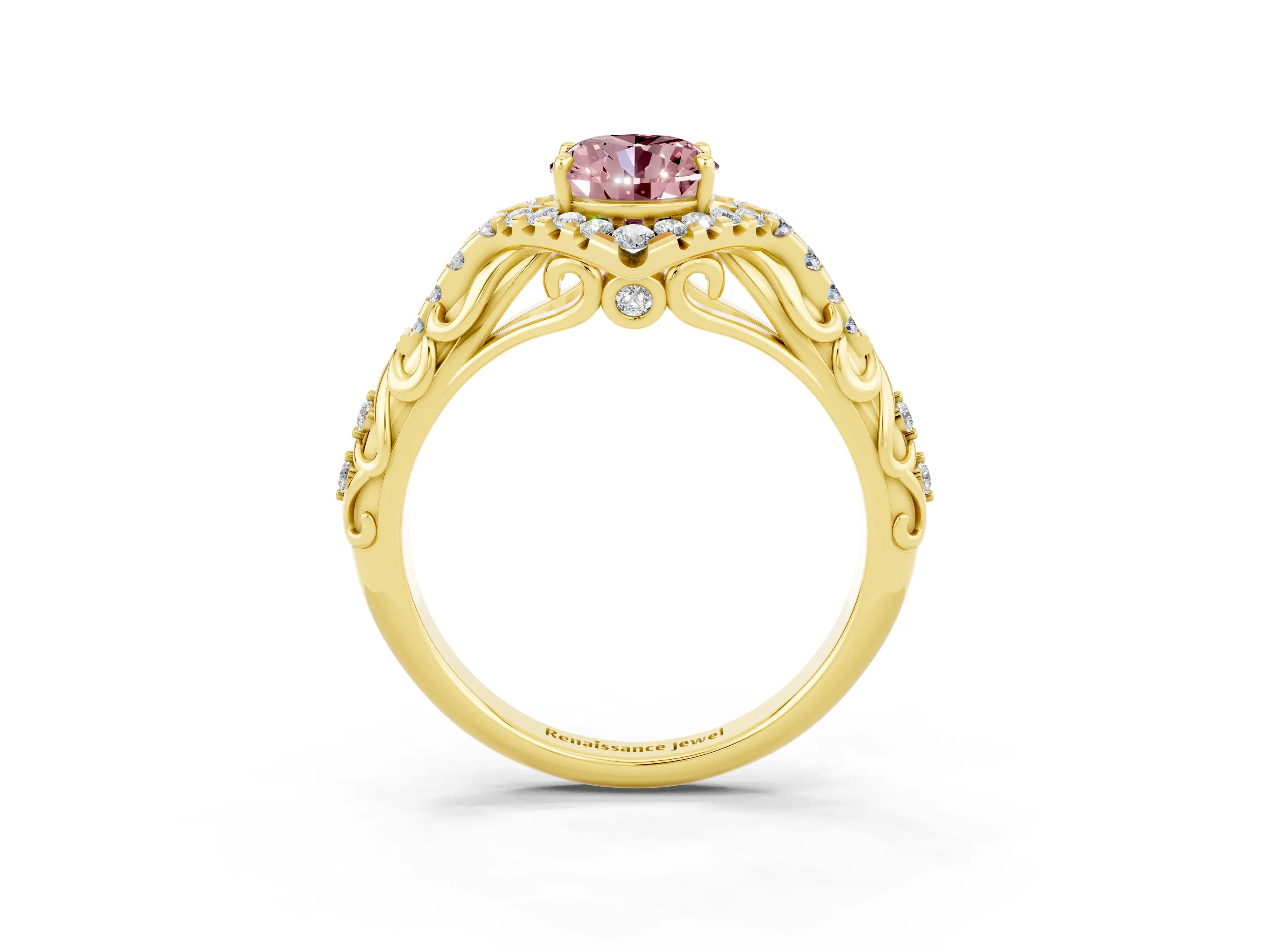 Yellow gold Oval Cut Morganite Solitaire Ring with Hidden Halo and Pavé Band_15