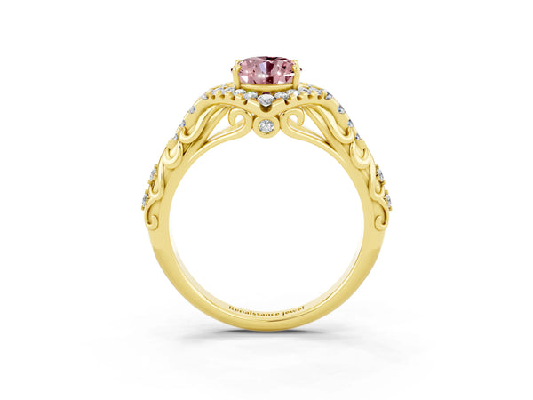 Yellow gold Oval Cut Morganite Solitaire Ring with Hidden Halo and Pavé Band