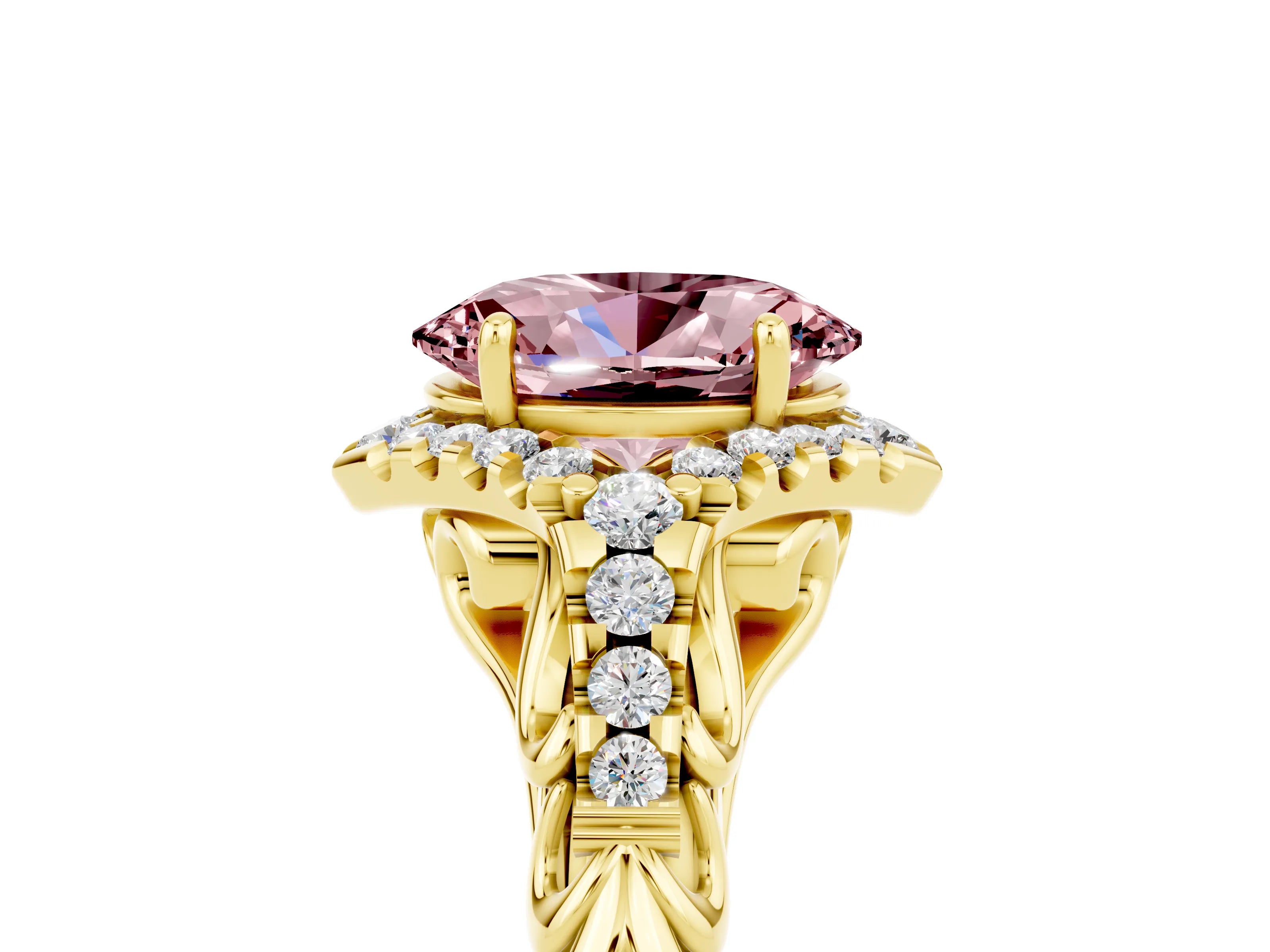 Yellow gold Oval Cut Morganite Solitaire Ring with Hidden Halo and Pavé Band_17