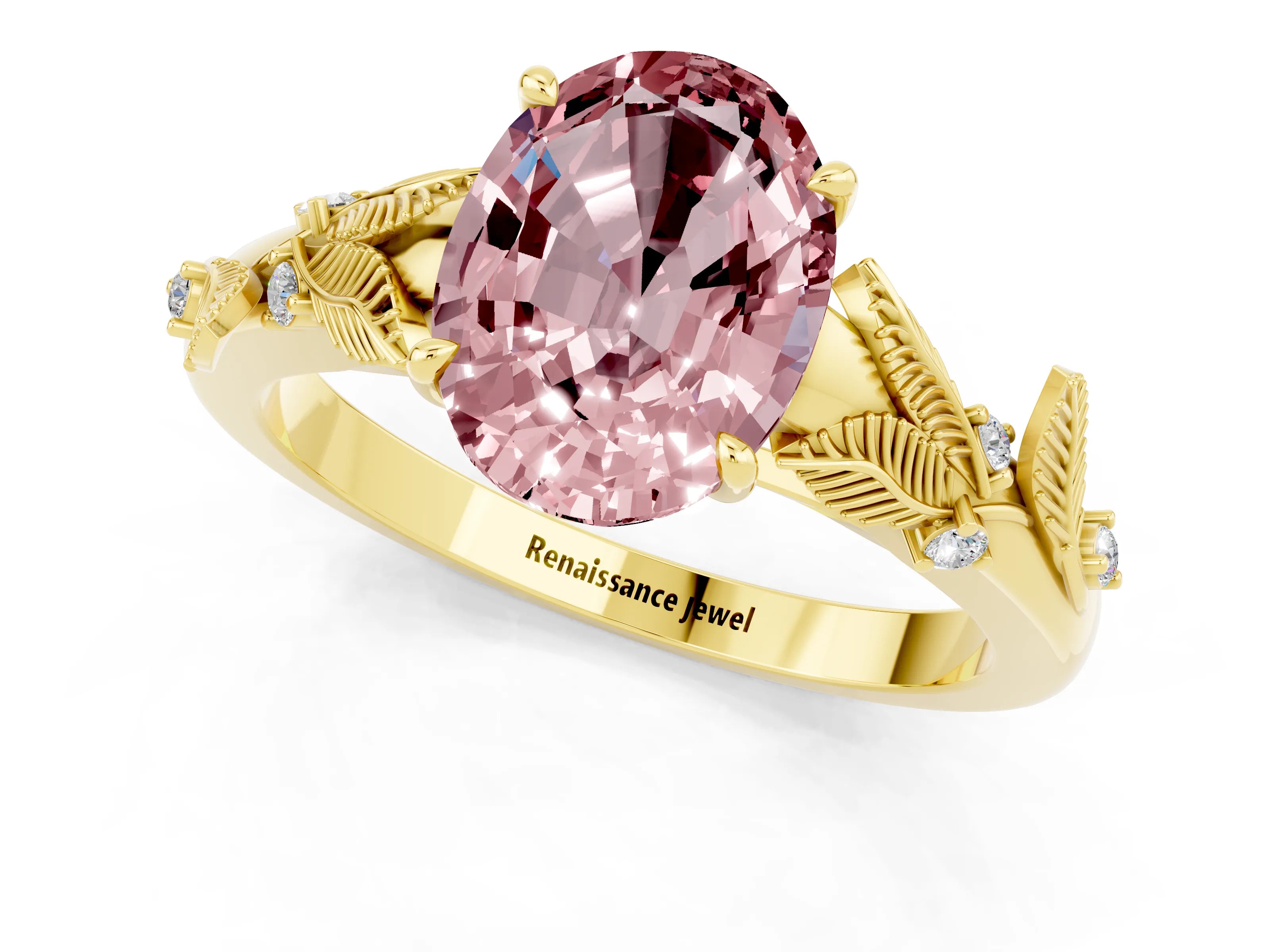 Yellow gold Oval Cut Morganite Solitaire Ring with Leaf Motif Band and Four-Prong Setting_1