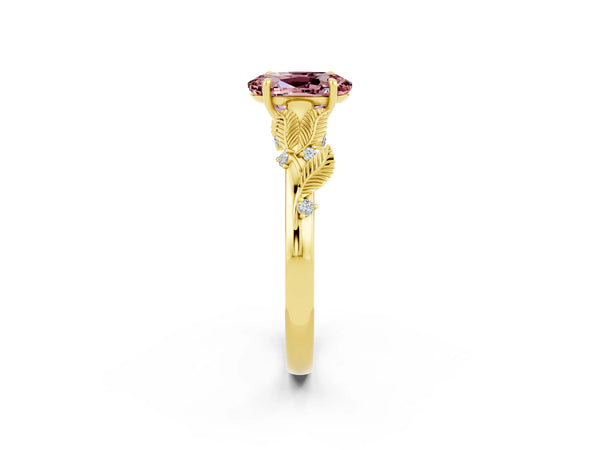 Yellow gold Oval Cut Morganite Solitaire Ring with Leaf Motif Band and Four-Prong Setting