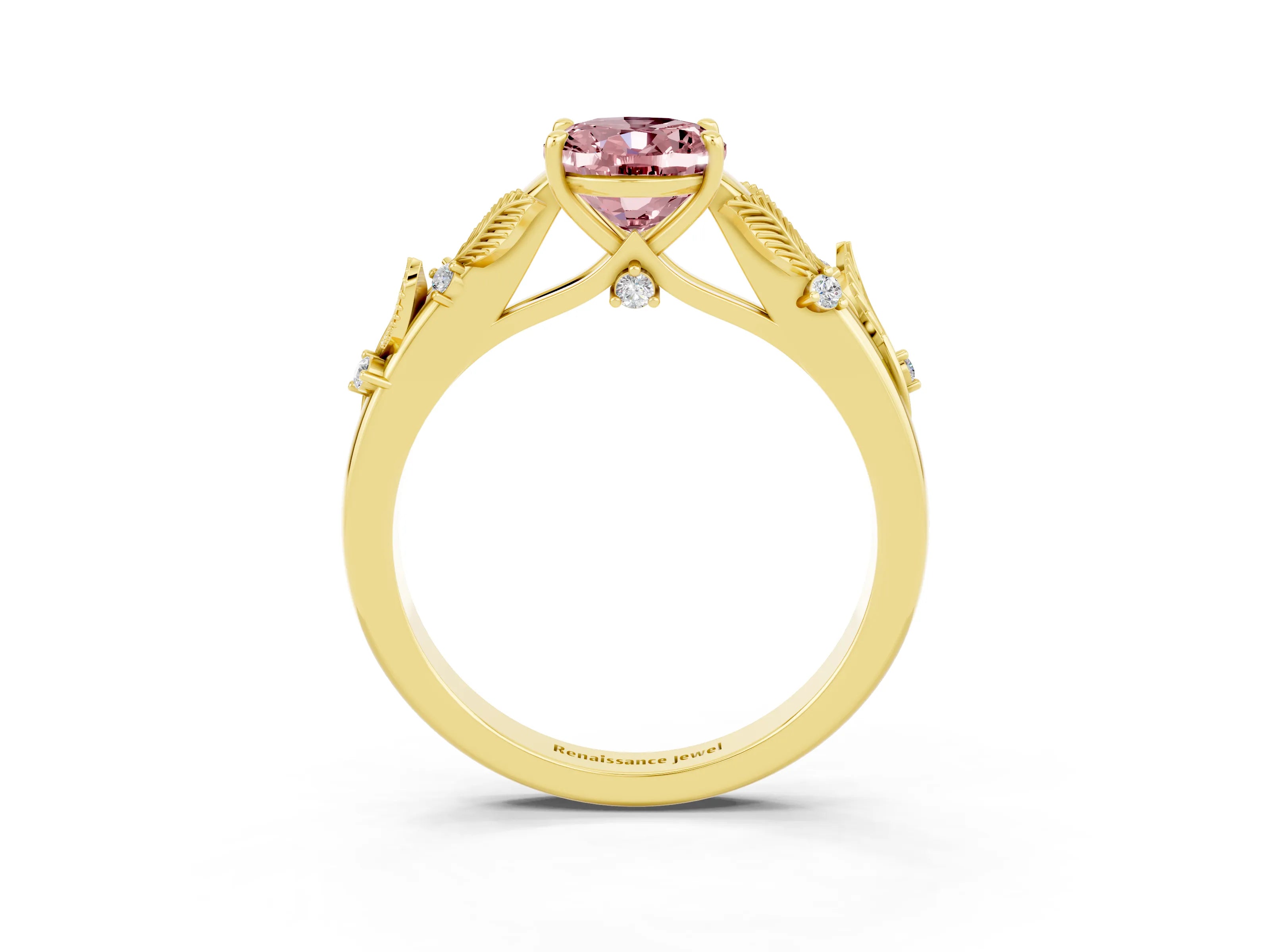 Yellow gold Oval Cut Morganite Solitaire Ring with Leaf Motif Band and Four-Prong Setting_3