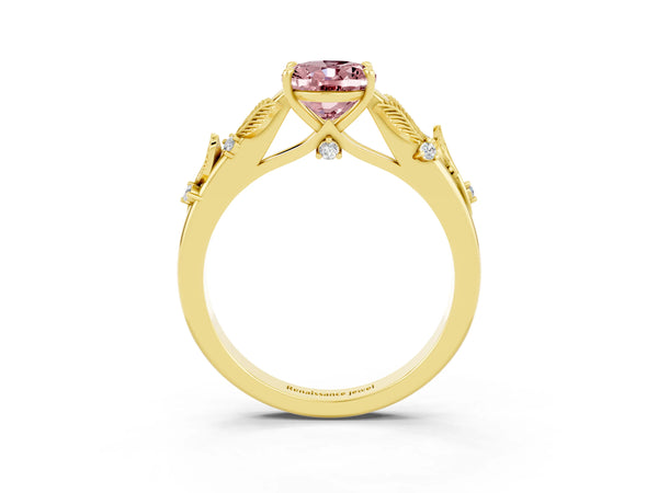 Yellow gold Oval Cut Morganite Solitaire Ring with Leaf Motif Band and Four-Prong Setting