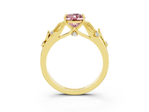 Yellow gold Oval Cut Morganite Solitaire Ring with Leaf Motif Band and Four-Prong Setting_3