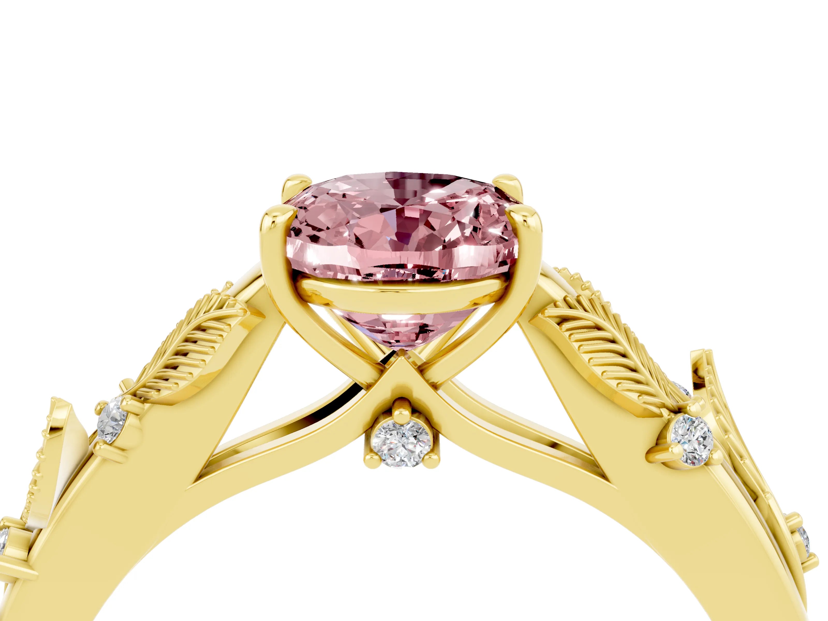 Yellow gold Oval Cut Morganite Solitaire Ring with Leaf Motif Band and Four-Prong Setting_4