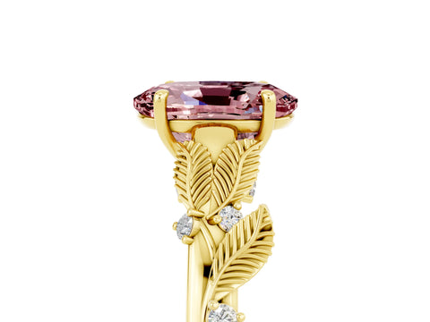 Yellow gold Oval Cut Morganite Solitaire Ring with Leaf Motif Band and Four-Prong Setting_5