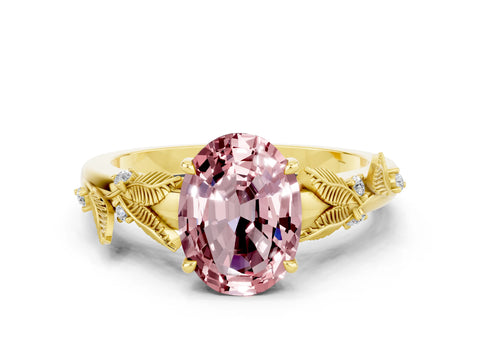 Yellow gold Oval Cut Morganite Solitaire Ring with Leaf Motif Band and Four-Prong Setting