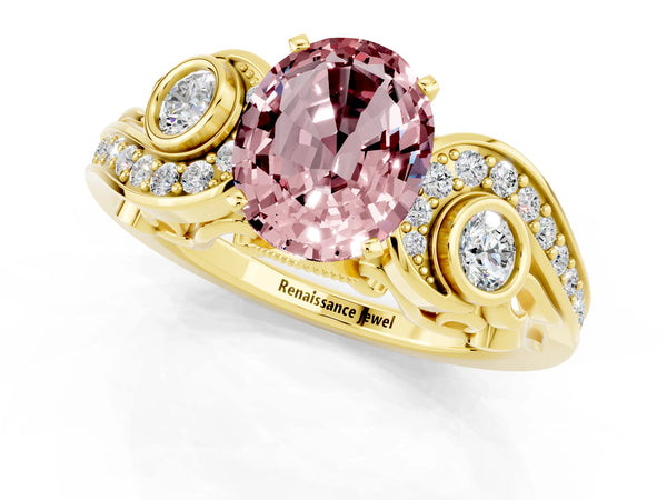 Yellow gold Oval Cut Morganite Solitaire Ring with Milgrain Pavé Band and Four-Prong Setting
