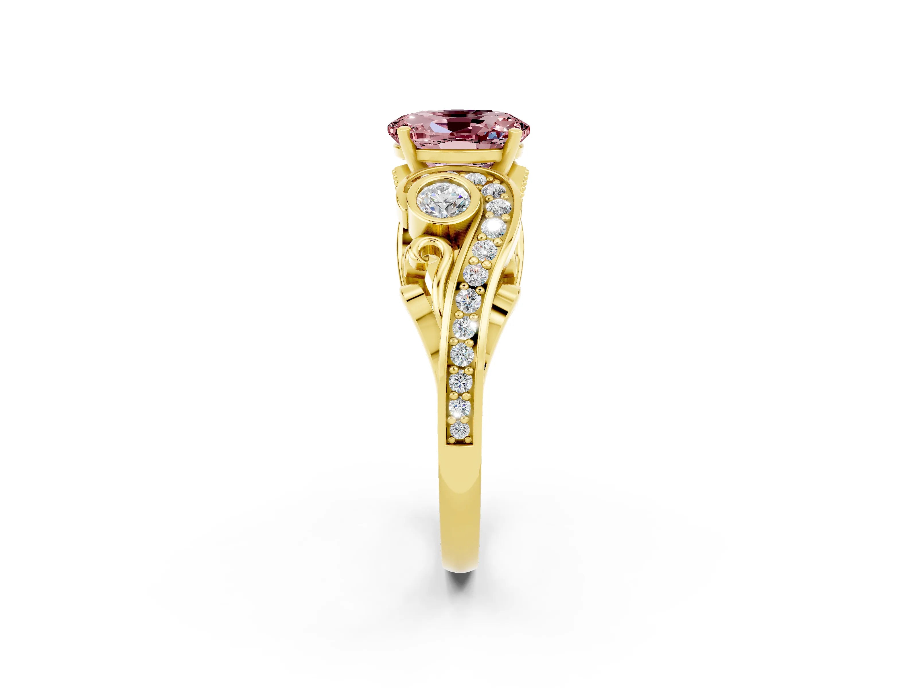 Yellow gold Oval Cut Morganite Solitaire Ring with Milgrain Pavé Band and Four-Prong Setting_26