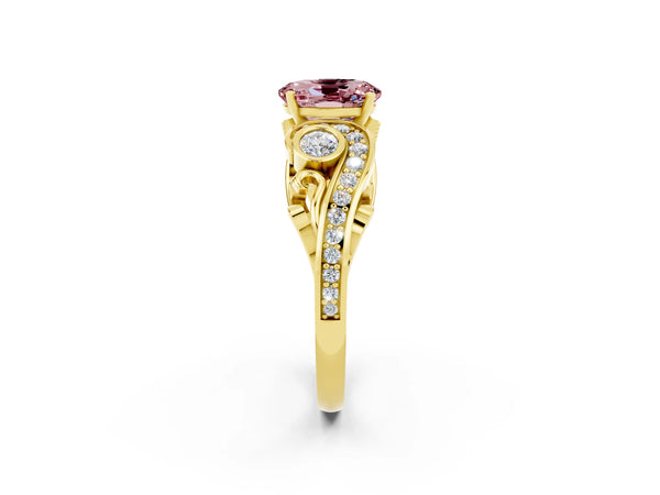 Yellow gold Oval Cut Morganite Solitaire Ring with Milgrain Pavé Band and Four-Prong Setting