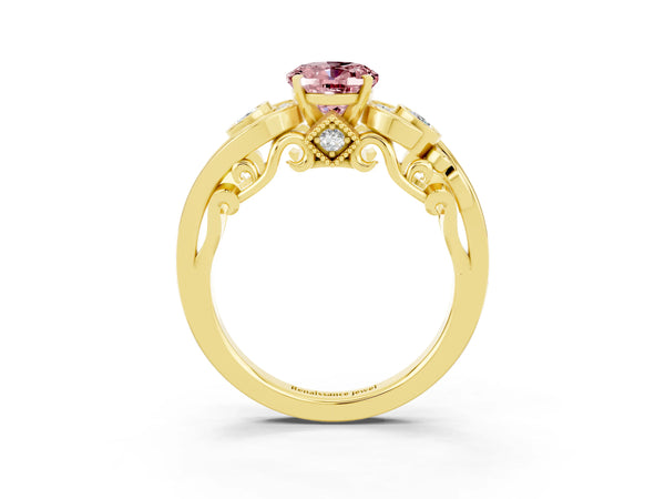 Yellow gold Oval Cut Morganite Solitaire Ring with Milgrain Pavé Band and Four-Prong Setting