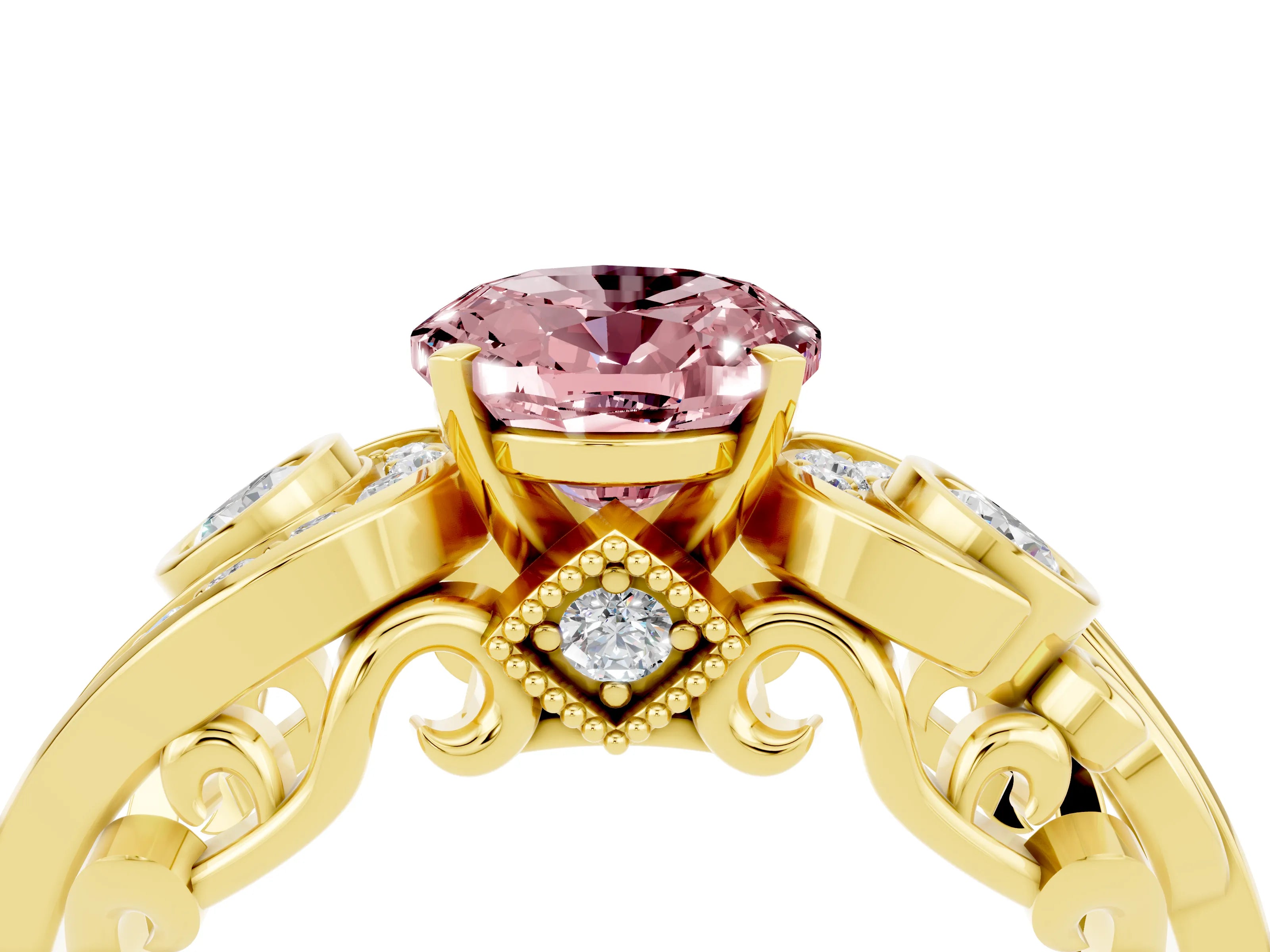 Yellow gold Oval Cut Morganite Solitaire Ring with Milgrain Pavé Band and Four-Prong Setting_28