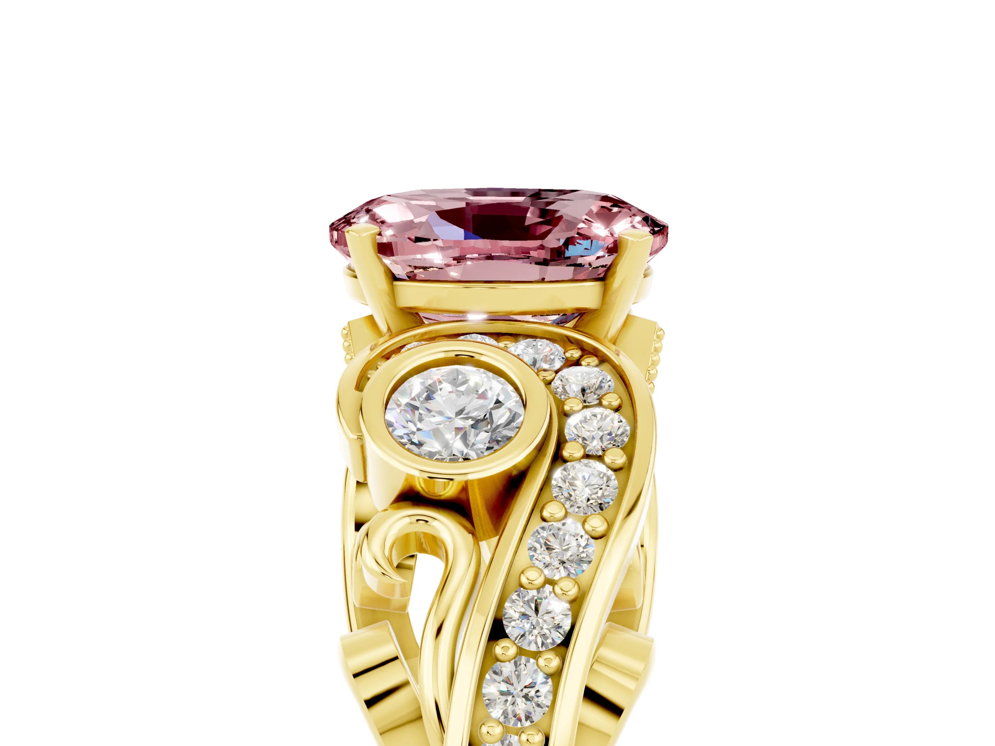 Yellow gold Oval Cut Morganite Solitaire Ring with Milgrain Pavé Band and Four-Prong Setting_29