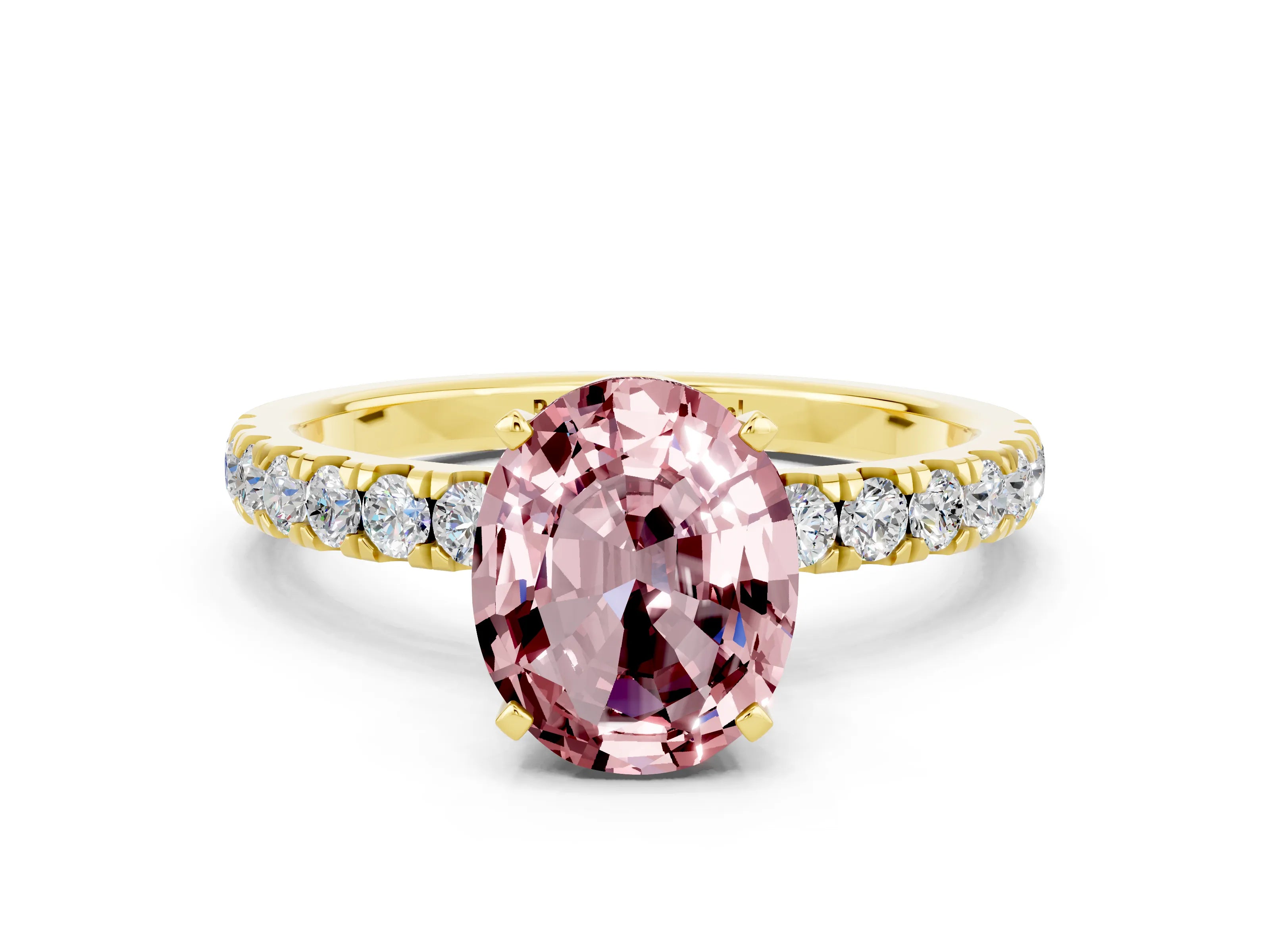 Yellow gold Oval Cut Morganite Solitaire Ring with Pavé Accents and Four-Prong Setting