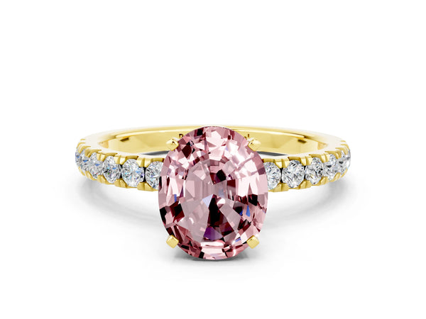 Yellow gold Oval Cut Morganite Solitaire Ring with Pavé Accents and Four-Prong Setting