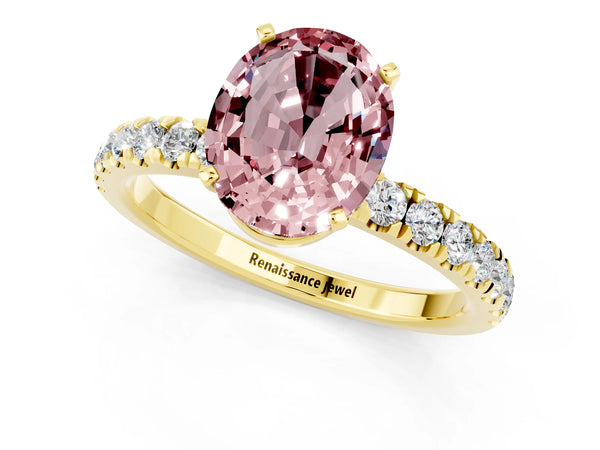 Yellow gold Oval Cut Morganite Solitaire Ring with Pavé Accents and Four-Prong Setting
