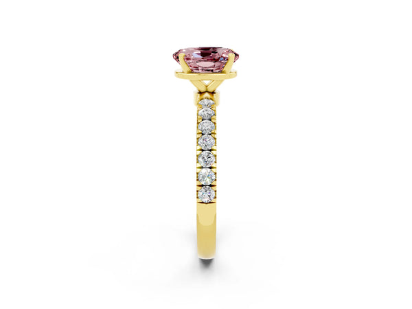 Yellow gold Oval Cut Morganite Solitaire Ring with Pavé Accents and Four-Prong Setting