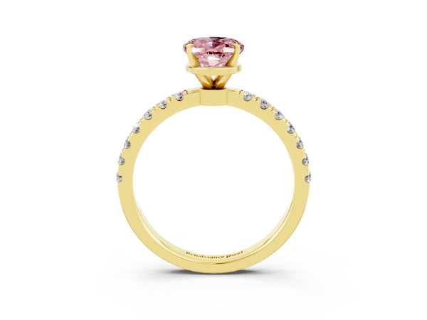 Yellow gold Oval Cut Morganite Solitaire Ring with Pavé Accents and Four-Prong Setting