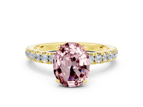 Yellow gold Oval Cut Morganite Solitaire Ring with Pavé Accents and Four-Prong Setting
