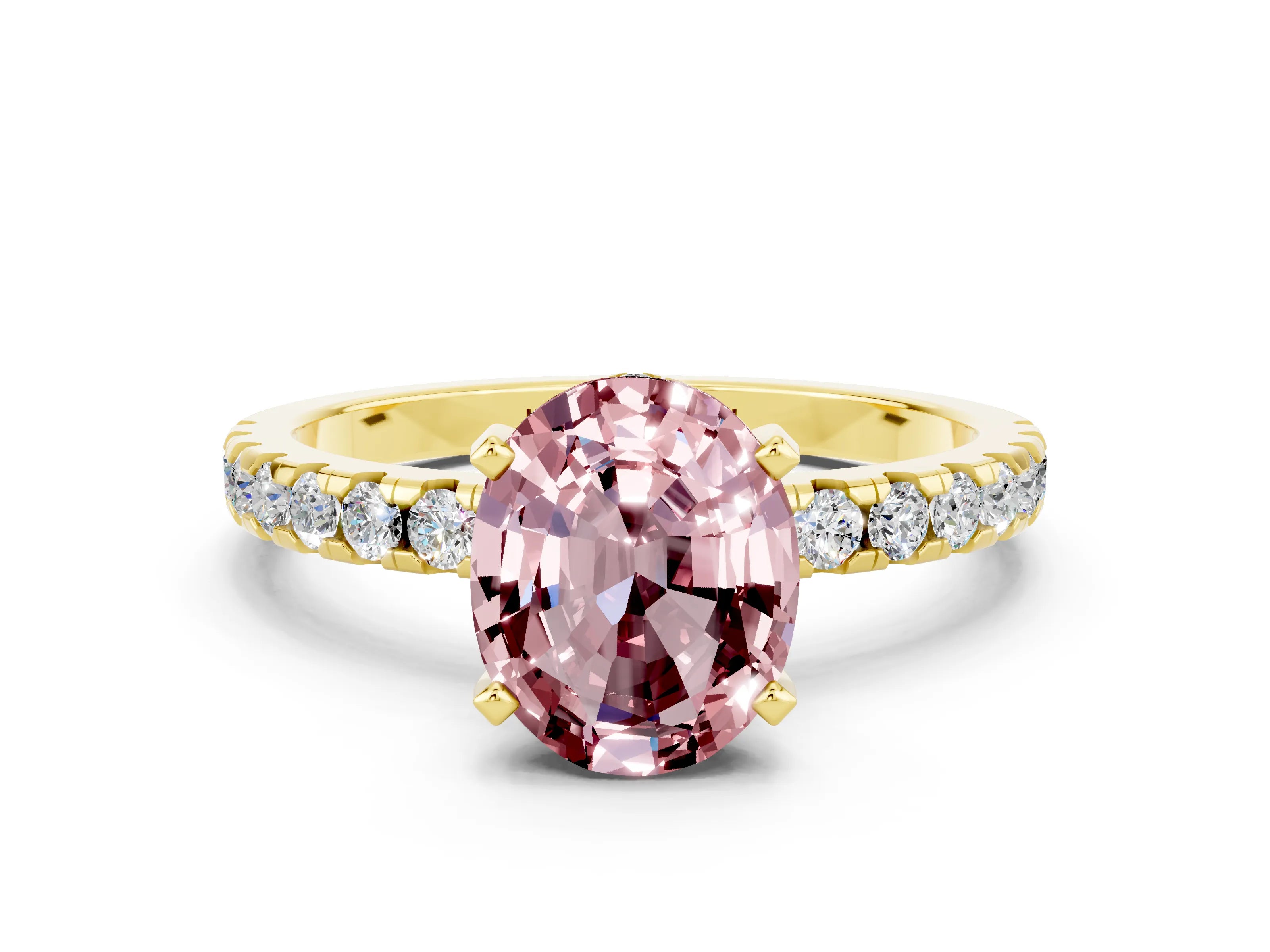 Yellow gold Oval Cut Morganite Solitaire Ring with Pavé Band and Four-Prong Setting_24