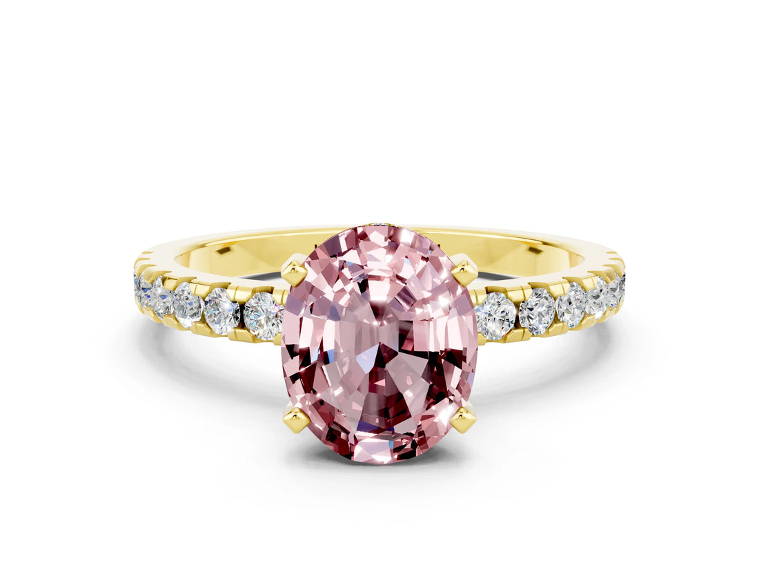 Yellow gold Oval Cut Morganite Solitaire Ring with Pavé Band and Four-Prong Setting_24