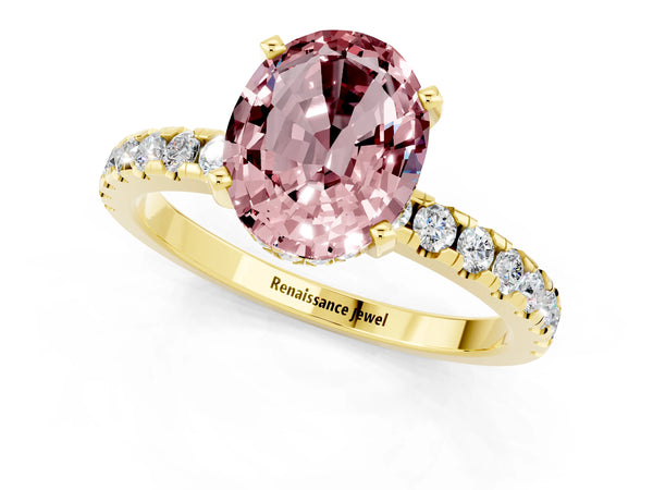 Yellow gold Oval Cut Morganite Solitaire Ring with Round  Pavé Band and Four-Prong Setting