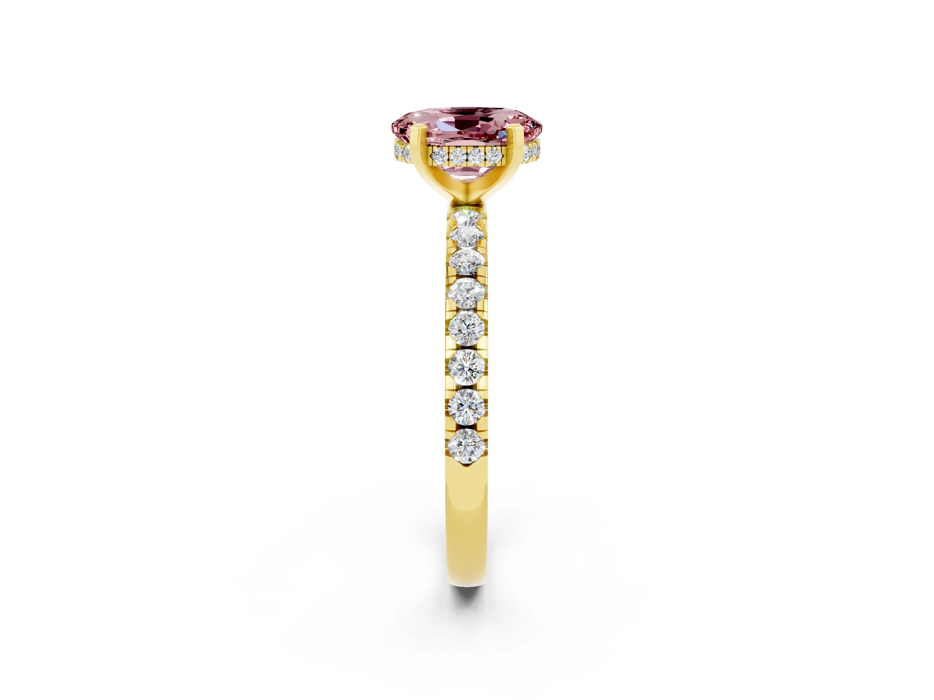 Yellow gold Oval Cut Morganite Solitaire Ring with Pavé Band and Four-Prong Setting_26