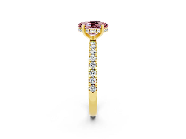 Yellow gold Oval Cut Morganite Solitaire Ring with Round  Pavé Band and Four-Prong Setting
