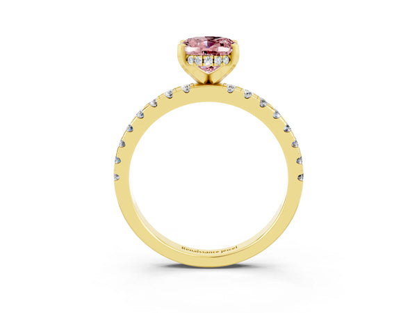 Yellow gold Oval Cut Morganite Solitaire Ring with Round  Pavé Band and Four-Prong Setting